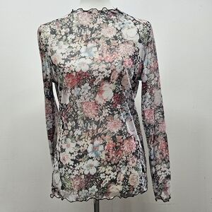 Floral Mesh Long Sleeve Top Lettuce Edge Semi Sheer Layer Large Boho Cottagecore